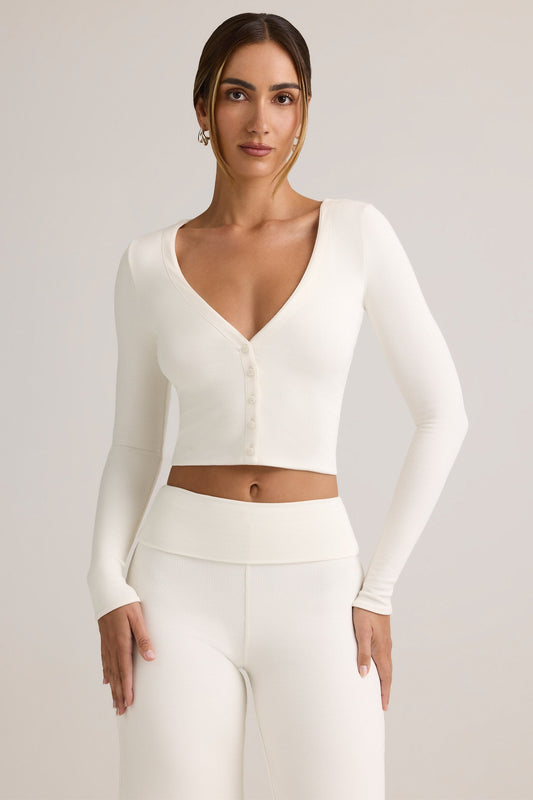 Modal Ribbed Cropped Cardigan in White