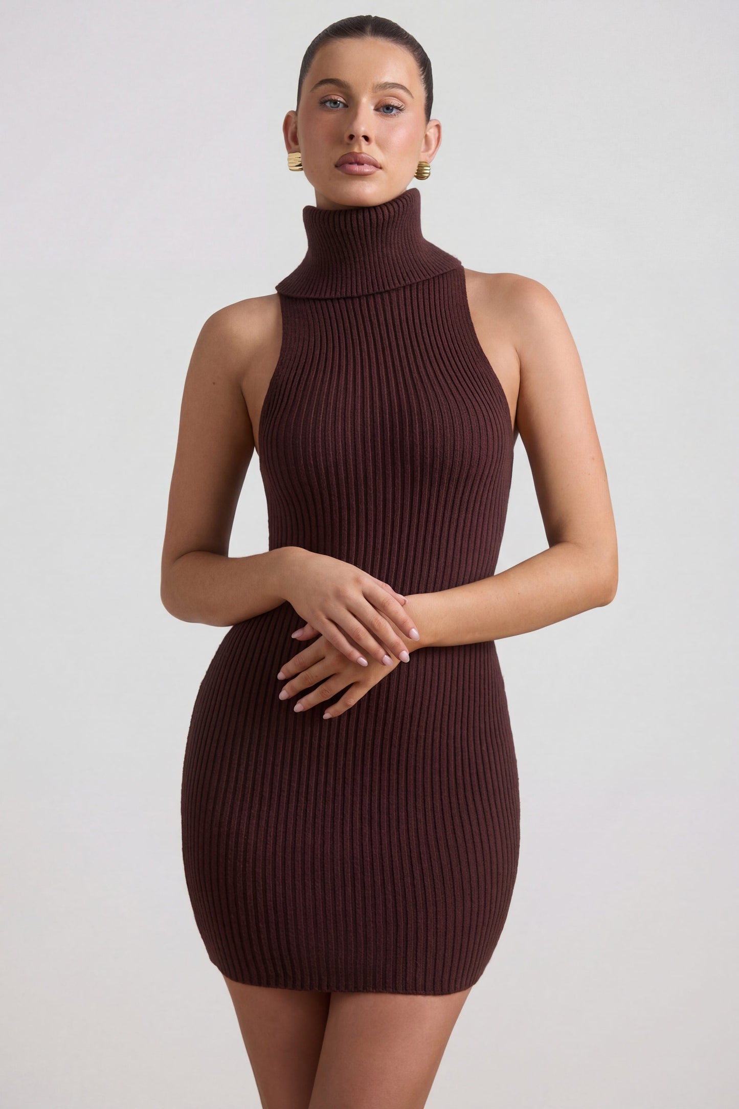 Ribbed-Knit Turtleneck Mini Dress in Espresso